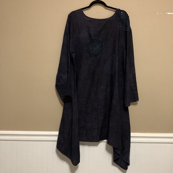 Steel Pony Women 100% Linen Crochet Tye Dyed Dark Blue Asymmetrical Dress XL - Picture 2 of 14